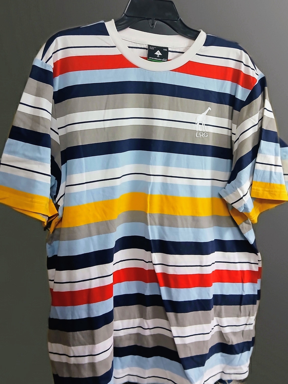 LRG Men’s Multi-Stripe Short Sleeve Tee in Blue/Yellow/Red